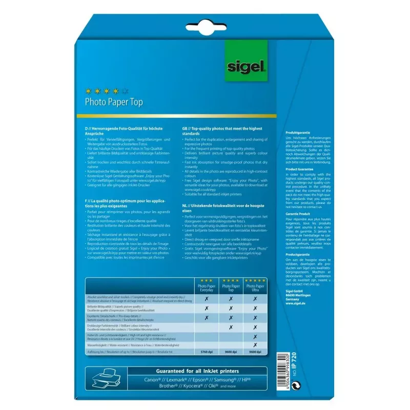 Papel fotográfico brilhante Sigel InkJet Top A4