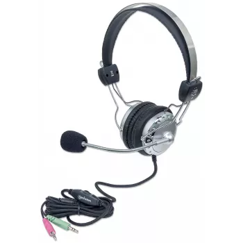 Manhattan Headset estéreo over-ear (3,5 mm), arco do microfone acolchoado, arco de cabeça em aço ajustável, controlo de volume em linha, almofadas auriculares, 2x fichas jack estéreo de 3,5 mm padrão para áudio/microfone, cabo de 2,5 m, 3 anos de garantia