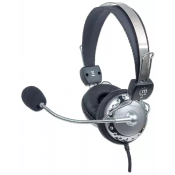 Manhattan Headset estéreo over-ear (3,5 mm), arco do microfone acolchoado, arco de cabeça em aço ajustável, controlo de volume em linha, almofadas auriculares, 2x fichas jack estéreo de 3,5 mm padrão para áudio/microfone, cabo de 2,5 m, 3 anos de garantia