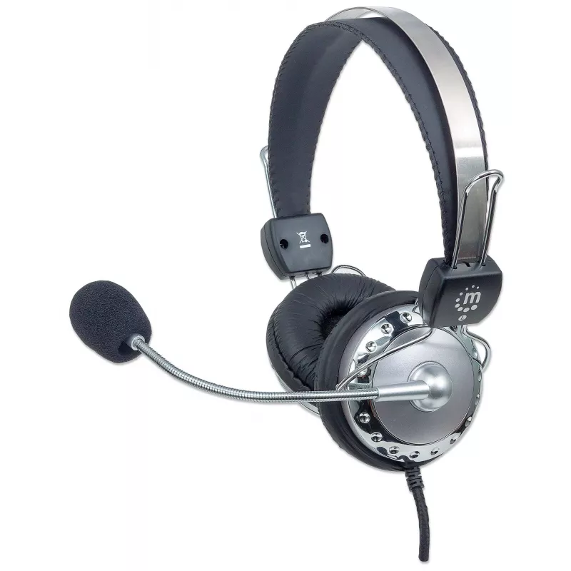 Manhattan Headset estéreo over-ear (3,5 mm), arco do microfone acolchoado, arco de cabeça em aço ajustável, controlo de volume em linha, almofadas auriculares, 2x fichas jack estéreo de 3,5 mm padrão para áudio/microfone, cabo de 2,5 m, 3 anos de garantia