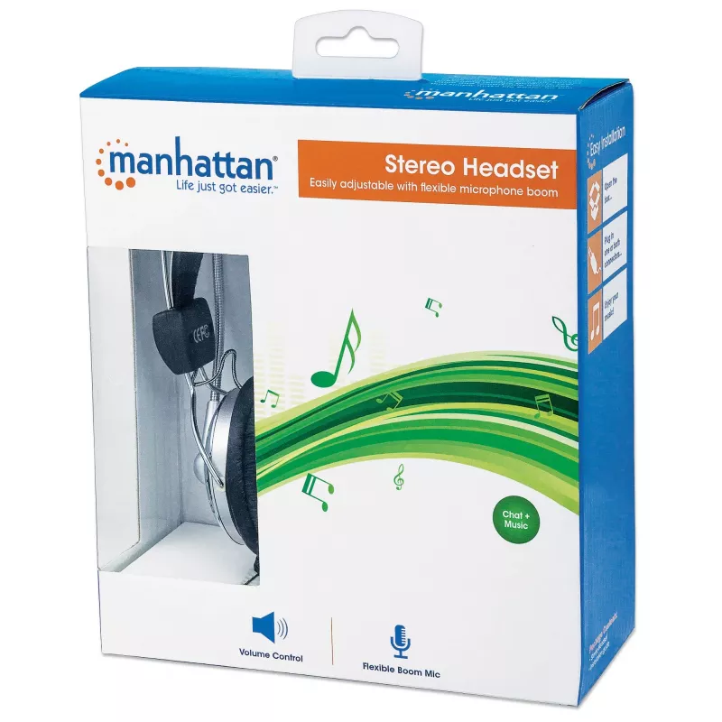Manhattan Headset estéreo over-ear (3,5 mm), arco do microfone acolchoado, arco de cabeça em aço ajustável, controlo de volume em linha, almofadas auriculares, 2x fichas jack estéreo de 3,5 mm padrão para áudio/microfone, cabo de 2,5 m, 3 anos de garantia