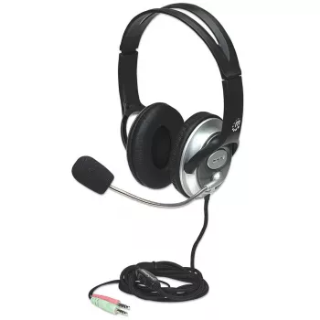 Manhattan Headset estéreo over-ear (3,5 mm), arco do microfone (acolchoado), arco de cabeça em aço ajustável, controlo remoto no cabo para volume, almofadas auriculares, 2x fichas jack estéreo de 3,5 mm padrão para áudio/microfone, cabo de 2,5 m, 3 anos de garantia