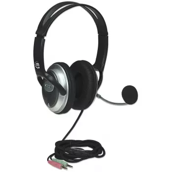 Manhattan Headset estéreo over-ear (3,5 mm), arco do microfone (acolchoado), arco de cabeça em aço ajustável, controlo remoto no cabo para volume, almofadas auriculares, 2x fichas jack estéreo de 3,5 mm padrão para áudio/microfone, cabo de 2,5 m, 3 anos de garantia