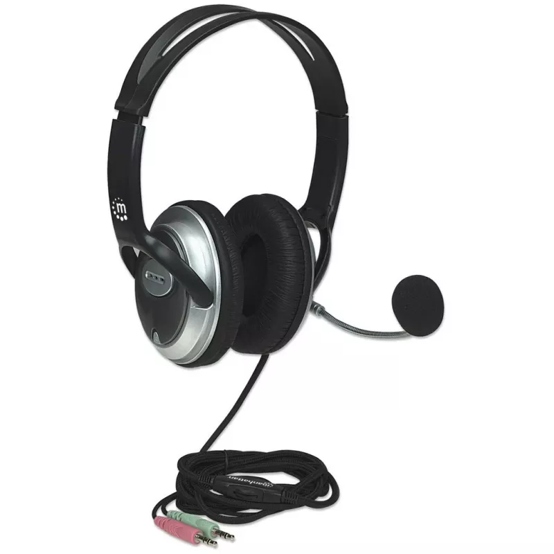 Manhattan Headset estéreo over-ear (3,5 mm), arco do microfone (acolchoado), arco de cabeça em aço ajustável, controlo remoto no cabo para volume, almofadas auriculares, 2x fichas jack estéreo de 3,5 mm padrão para áudio/microfone, cabo de 2,5 m, 3 anos de garantia