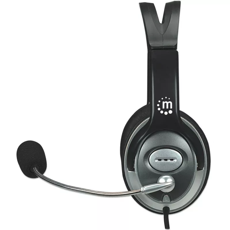 Manhattan Headset estéreo over-ear (3,5 mm), arco do microfone (acolchoado), arco de cabeça em aço ajustável, controlo remoto no cabo para volume, almofadas auriculares, 2x fichas jack estéreo de 3,5 mm padrão para áudio/microfone, cabo de 2,5 m, 3 anos de garantia