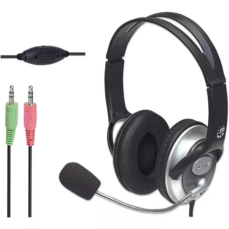Manhattan Headset estéreo over-ear (3,5 mm), arco do microfone (acolchoado), arco de cabeça em aço ajustável, controlo remoto no cabo para volume, almofadas auriculares, 2x fichas jack estéreo de 3,5 mm padrão para áudio/microfone, cabo de 2,5 m, 3 anos de garantia