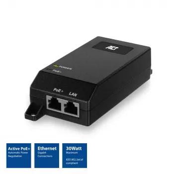 Injetor ACT Gigabit PoE+ (30W), Gigabit Ethernet, 10,100,1000 Mbit/s, IEEE 802.3, IEEE 802.3ab, IEEE 802.3af, IEEE 802.3at, IEEE 802.3u, preto, 30 V, 100 - 240 V