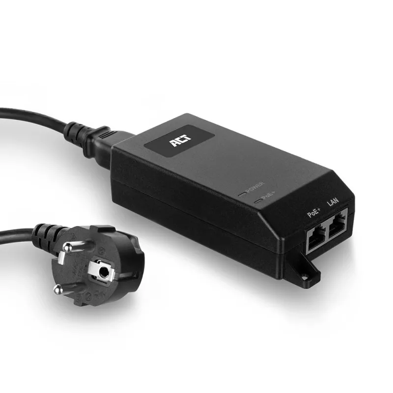 ACT AC4438 injetor PoE+ Gigabit, 10/100/1000 Mbit/s, IEEE 802.3/802.3ab/802.3af/802.3at/802.3u, 30 V, 100-240 V, preto