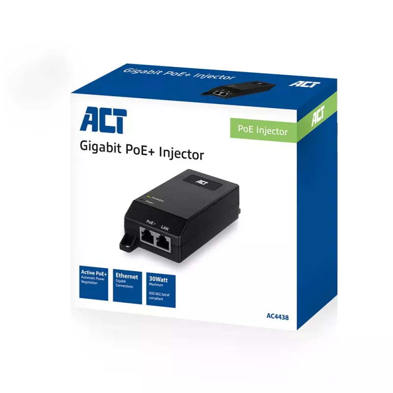 ACT AC4438 injetor PoE+ Gigabit, 10/100/1000 Mbit/s, IEEE 802.3/802.3ab/802.3af/802.3at/802.3u, 30 V, 100-240 V, preto