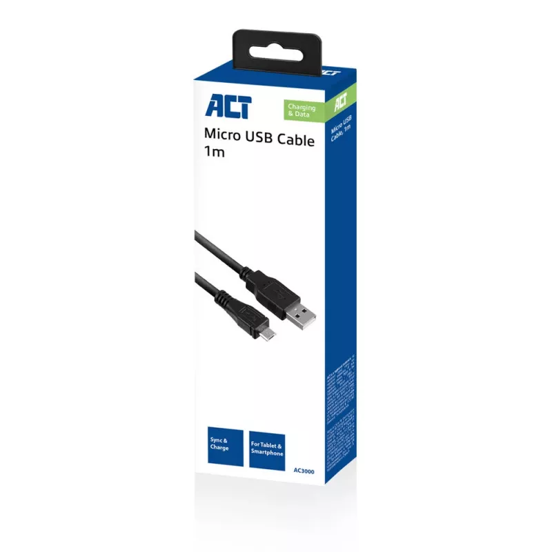 Cabo de carregamento/dados USB 2.0 ACT conector macho A – conector macho Micro-B, 1 metro