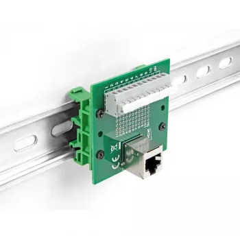 Conector fêmea RJ50 DeLOCK para bloco de terminais com botão de pressão para calha DIN angular