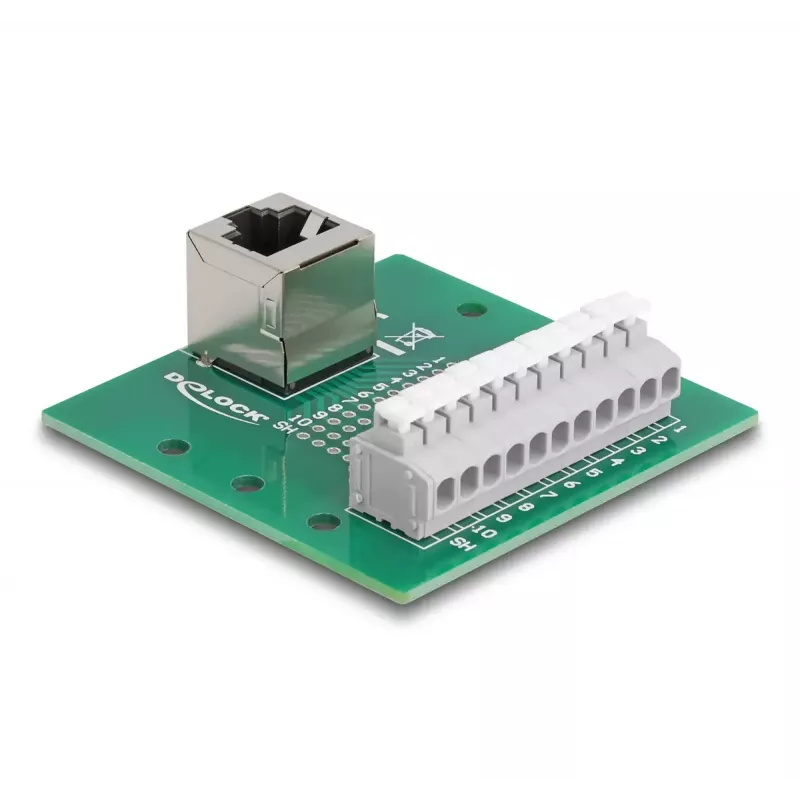 Conector fêmea RJ50 DeLOCK para bloco de terminais com botão de pressão para calha DIN angular