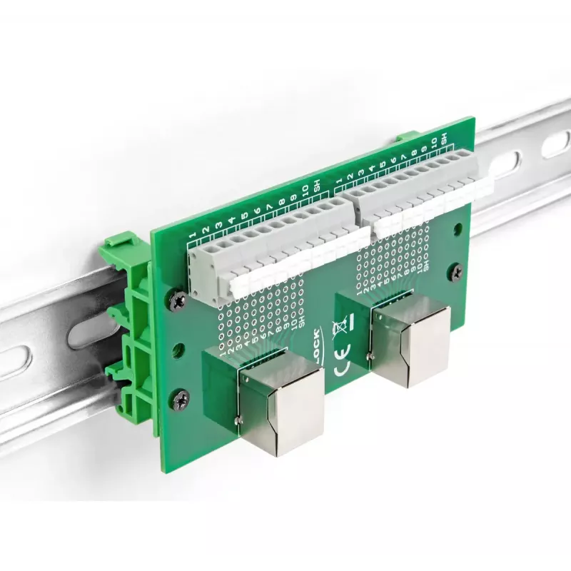 DeLOCK RJ50 2 x conector fêmea para 2 x borne de série com botão de pressão para calha DIN