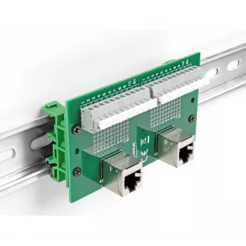 DeLOCK RJ50 2 x conector fêmea para 2 x bloco de terminais com botão de pressão para calha DIN angular
