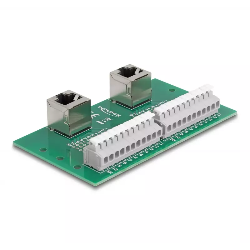 DeLOCK RJ50 2 x conector fêmea para 2 x bloco de terminais com botão de pressão para calha DIN angular