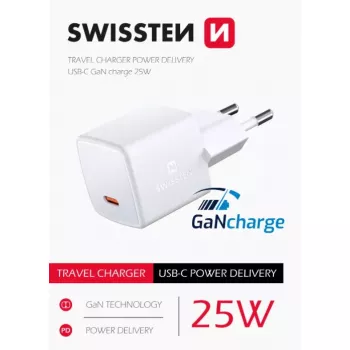 Carregador de viagem mini GaN 25W PD USB-C SWISSTEN carregador rápido para telefones e tablets