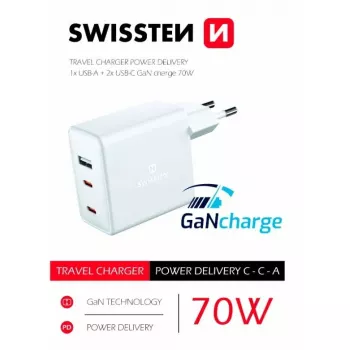 Carregador de viagem GaN 70W 2×USB-C SWISSTEN carregador rápido para portáteis e telefones
