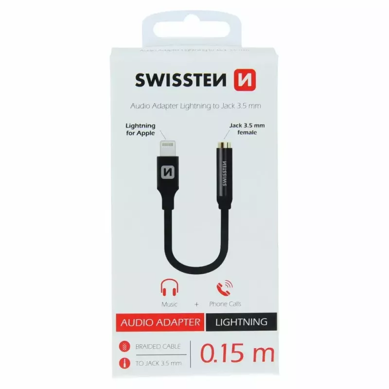 Adaptador de áudio SWISSTEN Lightning para jack 3,5 mm SW-LIGHT-3.5MM-BK, cabo 0,15 m, preto