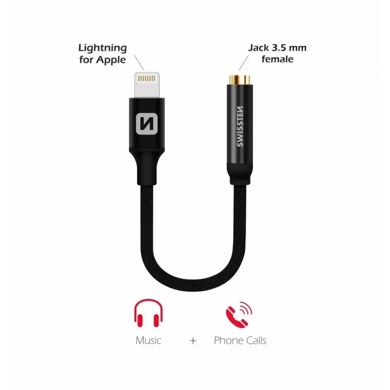 Adaptador de áudio SWISSTEN Lightning para jack 3,5 mm SW-LIGHT-3.5MM-BK, cabo 0,15 m, preto