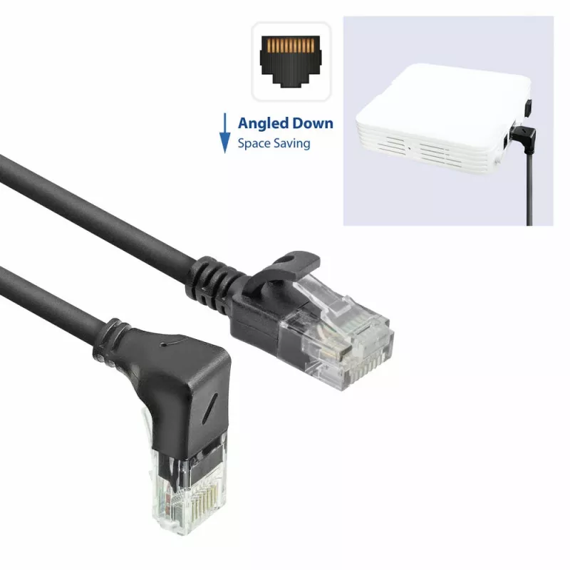 ACT Preto 3 metros Cabo de rede Slimline U/UTP CAT6A LSZH com fichas RJ45 90° anguladas para baixo para reto