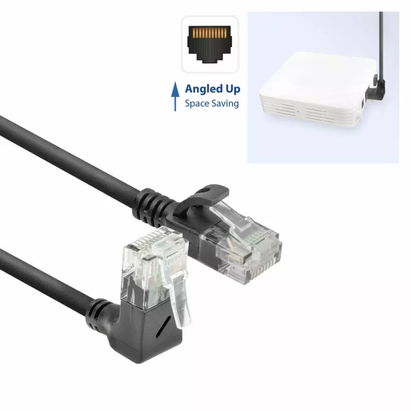 ACT Preto 5 metros Cabo de rede Slimline U/UTP CAT6A LSZH com fichas RJ45 90° anguladas para cima para reto