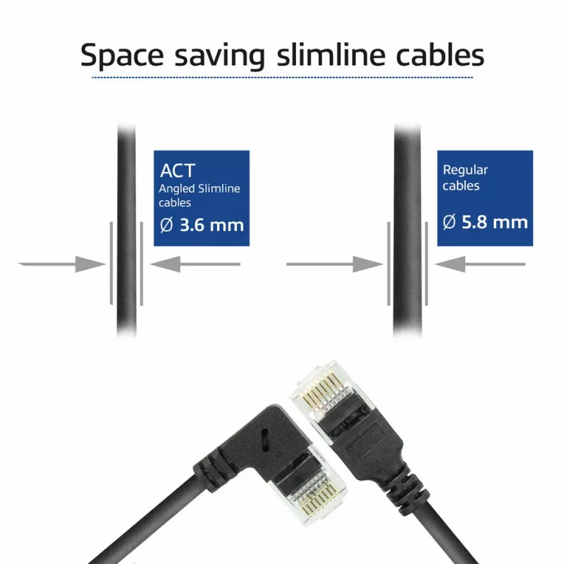 ACT 0,25 metros Cabo de rede Slimline U/UTP CAT6A LSZH com fichas RJ45 90° anguladas à direita para reto