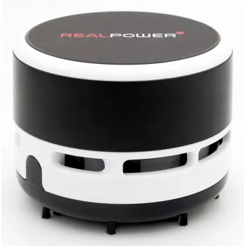 Aspirador de mão RealPower Mini Hoover-1 — a pilhas, limpeza a seco, sem saco, pilhas AA, 90 min de autonomia, preto/branco