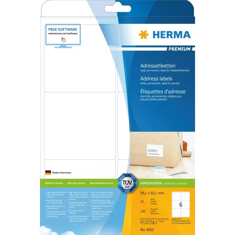 Etiquetas de endereço Premium HERMA 4502 A4 99,1x93,1 mm