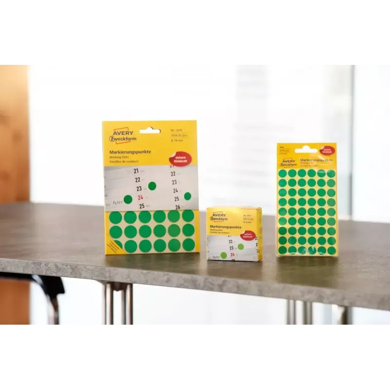 Avery Zweckform 3855 pontos de marcação, Ø 19 mm, 250 unid., caixa dispensadora, verde