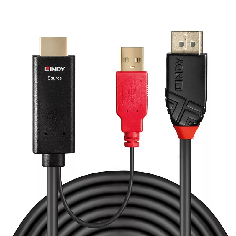 Cabo Lindy HDMI para DisplayPort, 5 m, DisplayPort, HDMI + USB, ficha, ficha, dourado