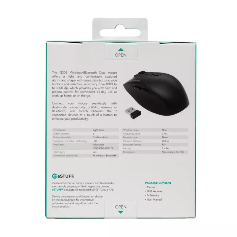 eSTUFF GLB214002 rato de escritório para destros RF Wireless + Bluetooth IR-LED 1800 DPI