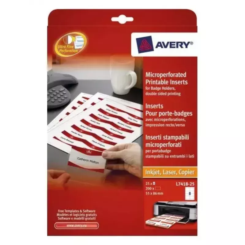 Avery L7418-25 etiquetas de nome, branco, 86 x 55 mm, 200 etiquetas (25 folhas)