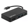 Manhattan dock/hub USB-C com leitor de cartões, ligações (x3): USB-A (x3), 5 Gbit/s (USB 3.2 Gen1 também conhecido como USB 3.0), alimentação externa não necessária, universal para todos os dispositivos, SuperSpeed USB, preto, três anos de garantia
