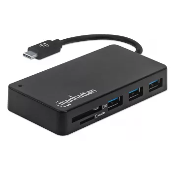 Manhattan dock/hub USB-C com leitor de cartões, ligações (x3): USB-A (x3), 5 Gbit/s (USB 3.2 Gen1 também conhecido como USB 3.0), alimentação externa não necessária, universal para todos os dispositivos, SuperSpeed USB, preto, três anos de garantia