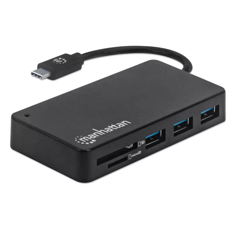 Manhattan dock/hub USB-C com leitor de cartões, ligações (x3): USB-A (x3), 5 Gbit/s (USB 3.2 Gen1 também conhecido como USB 3.0), alimentação externa não necessária, universal para todos os dispositivos, SuperSpeed USB, preto, três anos de garantia