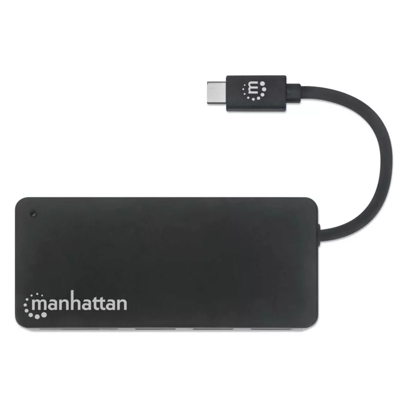 Manhattan dock/hub USB-C com leitor de cartões, ligações (x3): USB-A (x3), 5 Gbit/s (USB 3.2 Gen1 também conhecido como USB 3.0), alimentação externa não necessária, universal para todos os dispositivos, SuperSpeed USB, preto, três anos de garantia