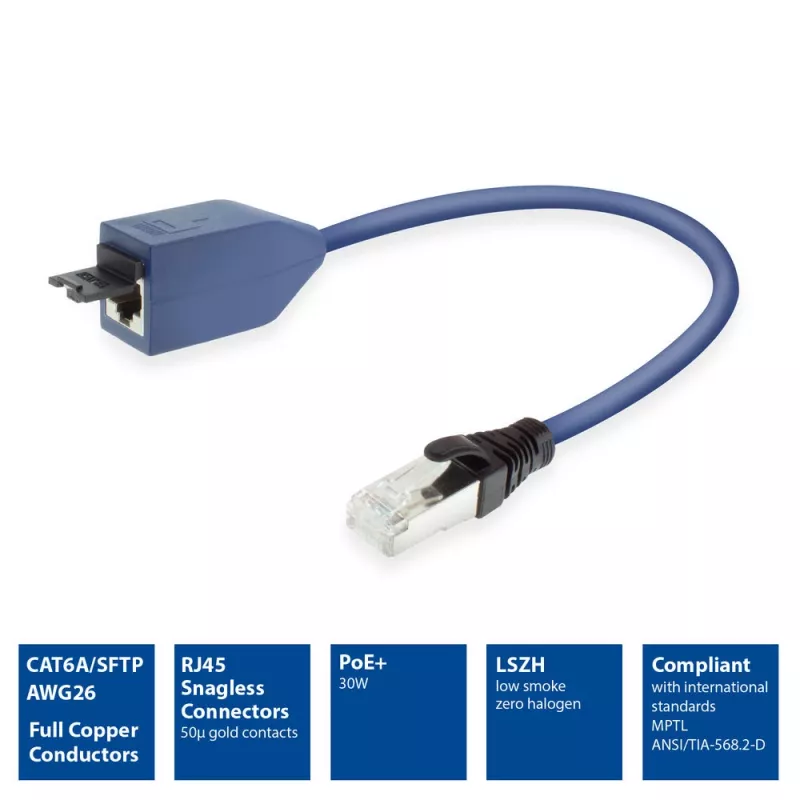 Cabo de extensão ACT azul 2 metros LSZH S/FTP CAT6A MPTL com proteção das patilhas de retenção fichas RJ45