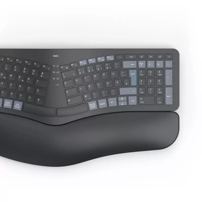 Hama WK-900 Ergo teclado sem fios multidispositivo dividido, LED, QWERTZ, preto