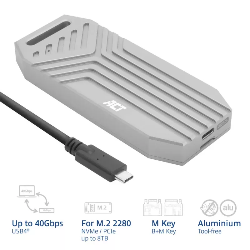 Caixa para SSD ACT USB 40 Gbit/s M.2 2280 NVMe / PCIe, sem ferramentas