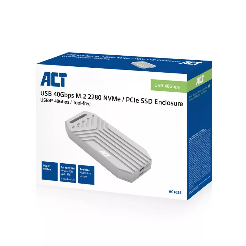 Caixa para SSD ACT USB 40 Gbit/s M.2 2280 NVMe / PCIe, sem ferramentas