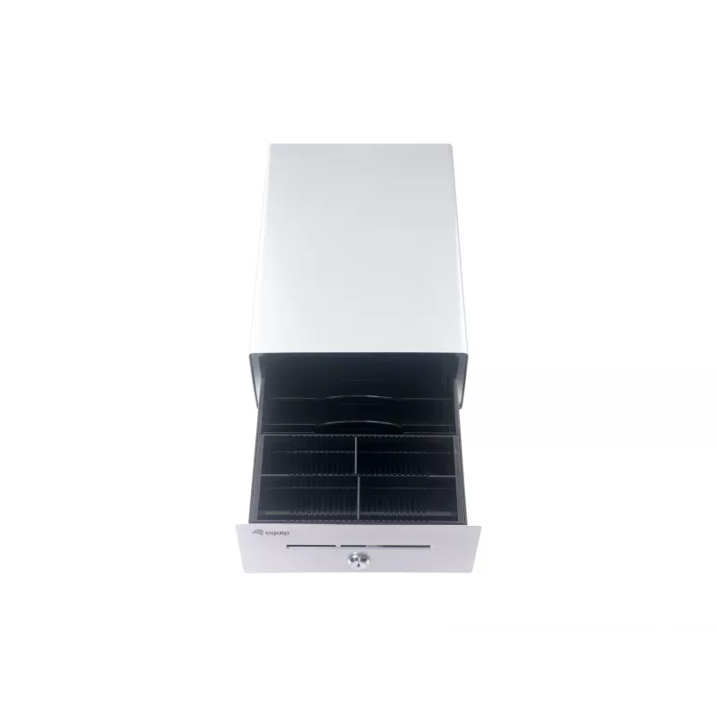 Gaveta de caixa Equip para sistemas de ponto de venda (POS), 4 compartimentos para notas/4 para moedas, ranhuras para moedas removíveis, ligação RJ11, alumínio