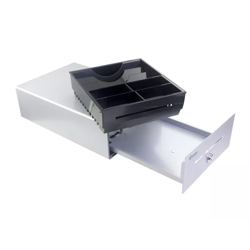 Gaveta de caixa Equip para sistemas de ponto de venda (POS), 4 compartimentos para notas/4 para moedas, ranhuras para moedas removíveis, ligação RJ11, alumínio