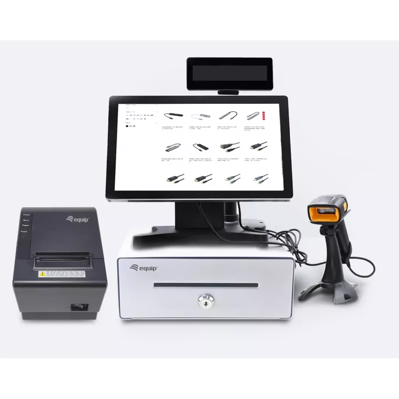 Gaveta de caixa Equip para sistemas de ponto de venda (POS), 4 compartimentos para notas/4 para moedas, ranhuras para moedas removíveis, ligação RJ11, alumínio
