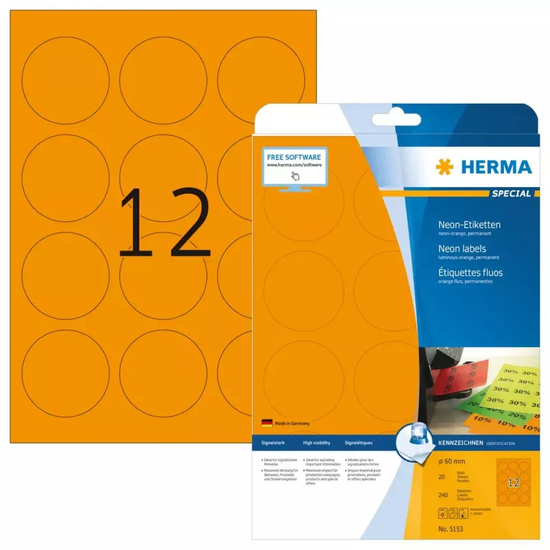 Etiquetas de impressora autoadesivas HERMA Etiquetas néon A4 Ø 60 mm redondas laranja vivo