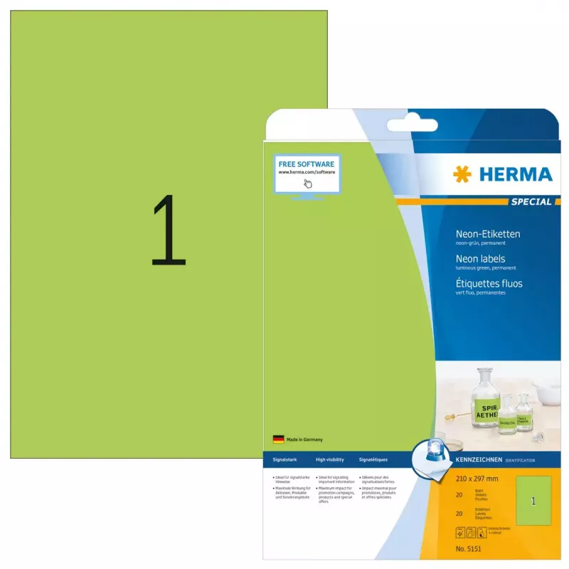 Etiqueta de impressora autoadesiva HERMA Etiquetas néon A4 210x297 mm verde vivo papel mate 20 unidades