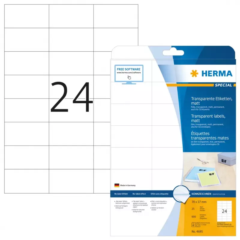 Etiquetas mate transparentes A4 HERMA 70x37 mm 600 unidades
