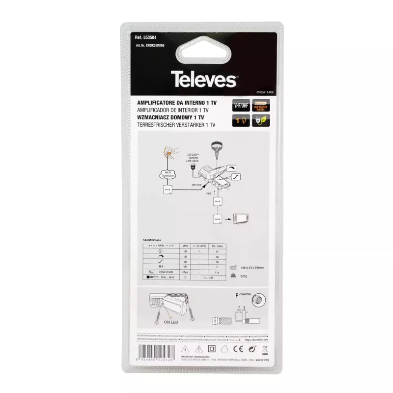 Televes 553504 amplificador de sinal de TV, 88 - 1006 MHz