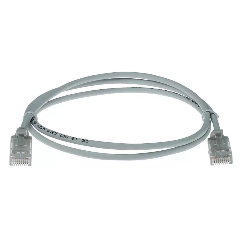 Cabo de patch slimline para data center ACT cinzento 10 metros LSZH U/UTP CAT6 com alívio de tensão e fichas RJ45