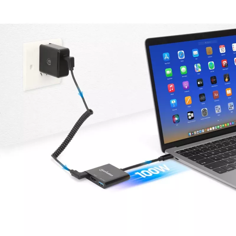 Dock/hub USB-C Manhattan, portas (x3): HDMI, USB-A e USB-C, com Power Delivery (100W) para a porta USB-C (nota: fonte de alimentação USB-C e cabo USB-C adicionais necessários), universal para todos os dispositivos, cabo 10 cm, preto, três anos de garantia