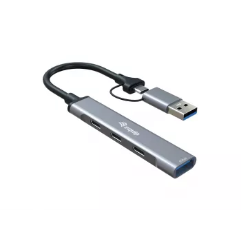 Hub USB 3.2 Gen 1 de 4 portas EQUIP — 3× USB‑C + 1× USB‑A, 5 Gbit/s, alumínio, cinzento